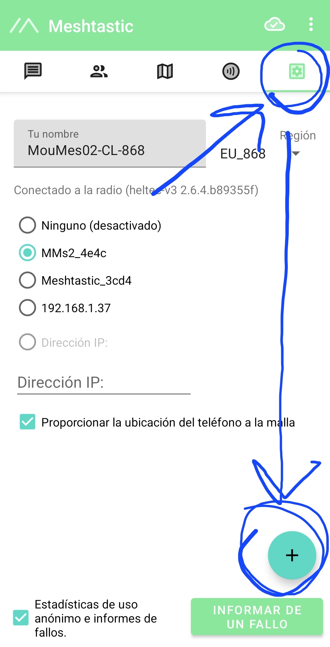 Donde pinchar en la app Meshtastic. Engranaje arriba. El más abajo